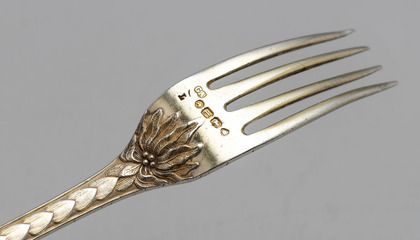 Rare Palm Pattern Gilded Silver Dessert Fork - George Adams, Chawner & Co.